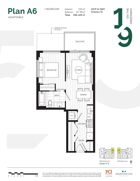 Floor plan for 1 bed, 1 bath, 535 sqft